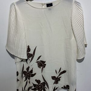 Worthington Women's White Floral Keyhole Accordion Short Sleeve Blouse Size XS
